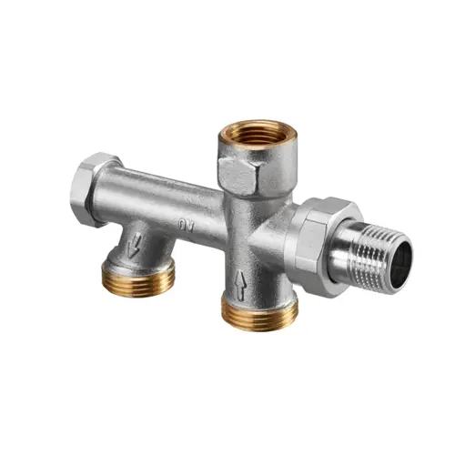 Oventrop Anschlussstück aus Metall mit zwei seitlichen Anschlüssen und einem zentralen Gewinde, zur Verbindung von Heizungsrohren in einem Einrohrsystem.